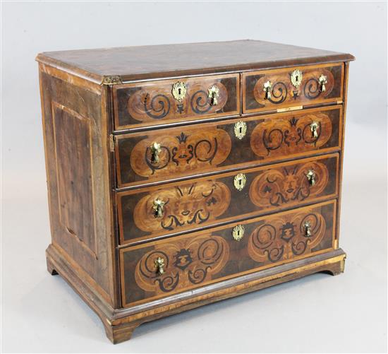 A late 17th century walnut marquetry and oyster veneered chest, W.3ft 3in. D.2ft .5in. H.2ft 9in.